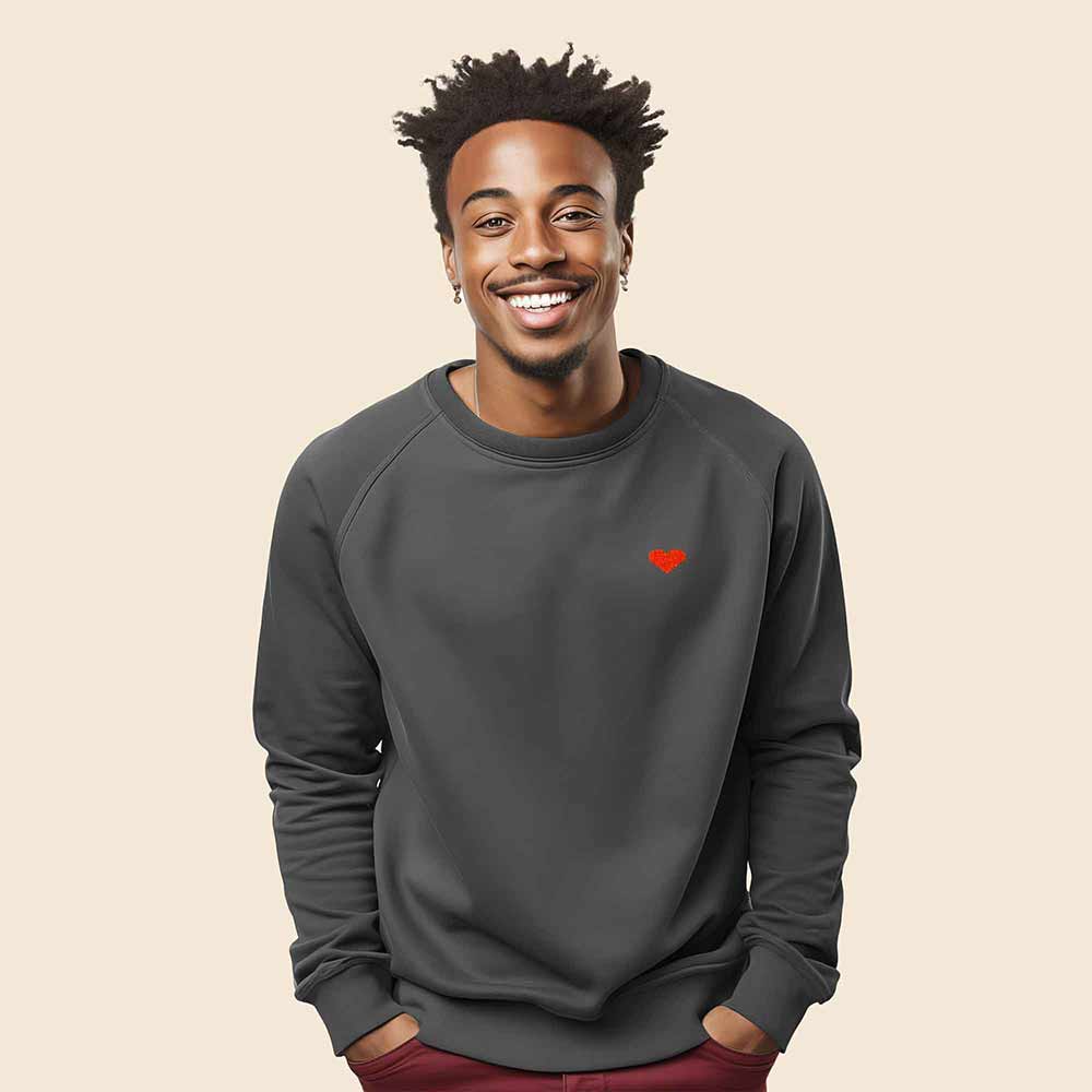 Dalix Pixel Heart Embroidered Fleece Crewneck Long Sleeve Sweatshirt Mens in Asphalt Gray 2XL XX-Large