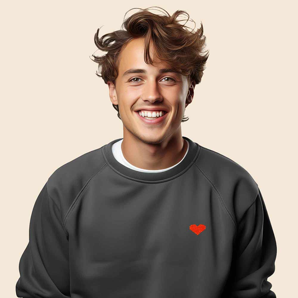Dalix Pixel Heart Embroidered Fleece Crewneck Long Sleeve Sweatshirt Mens in Asphalt Gray 2XL XX-Large