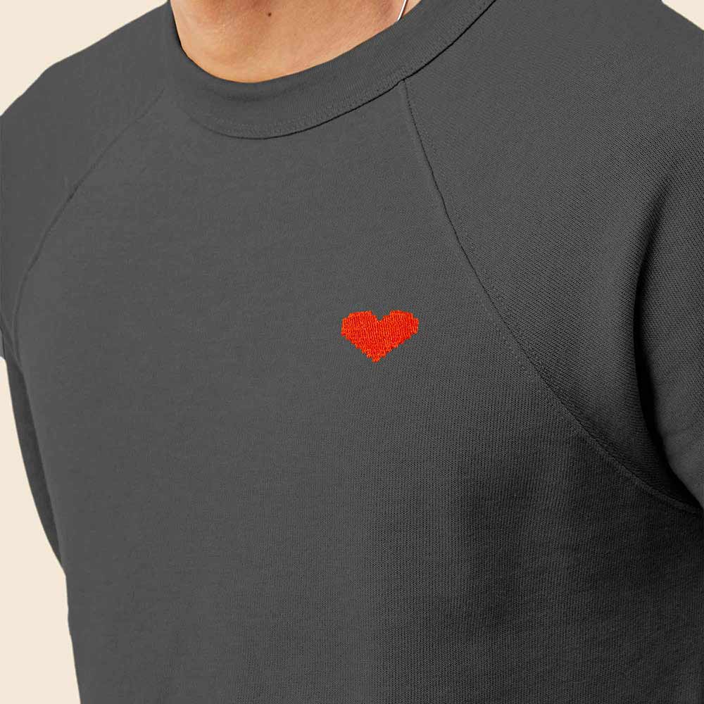 Dalix Pixel Heart Embroidered Fleece Crewneck Long Sleeve Sweatshirt Mens in Asphalt Gray 2XL XX-Large