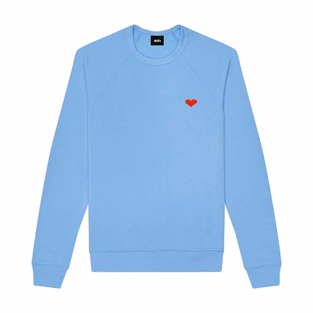 Dalix Pixel Heart Embroidered Fleece Crewneck Long Sleeve Sweatshirt Mens in Carolina Blue 2XL XX-Large