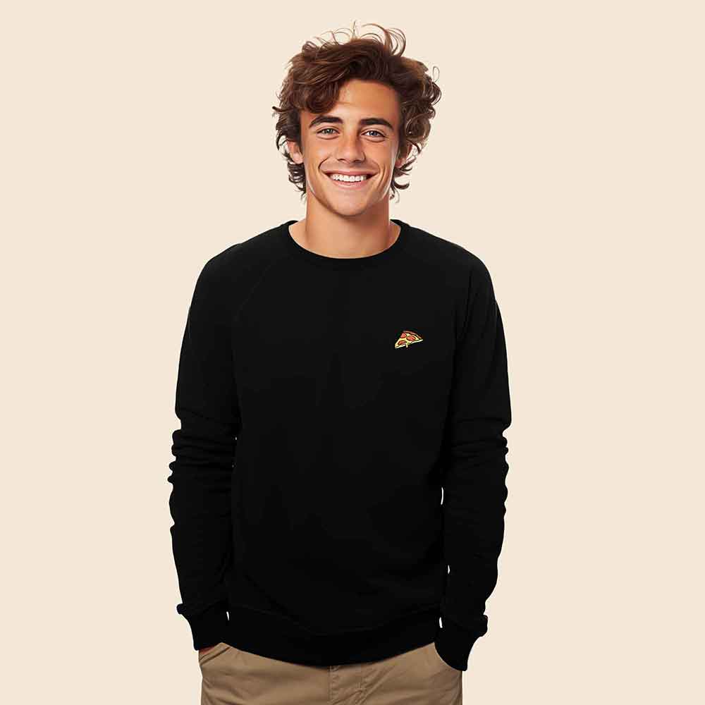 Dalix Pizza Embroidered Crewneck Fleece Sweatshirt Pullover Mens in Gold S Small