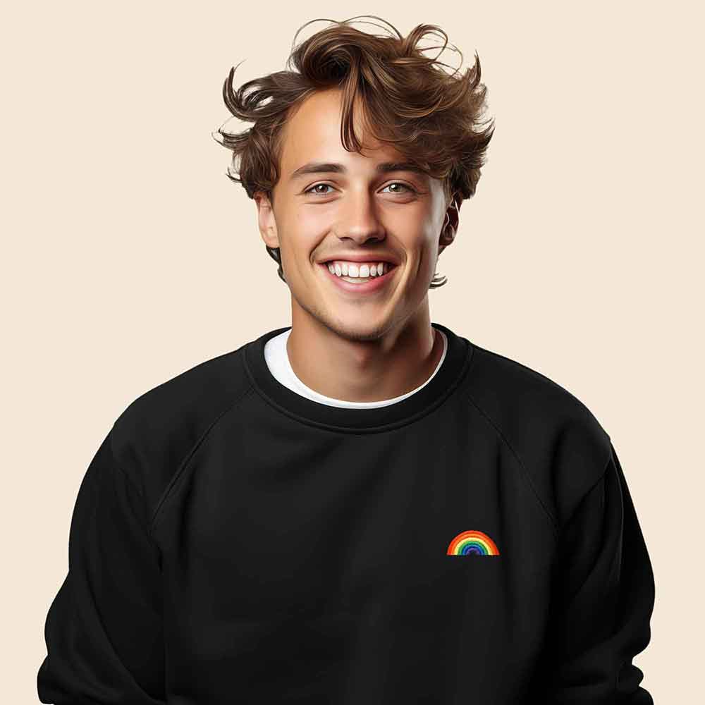 Dalix Rainbow Embroidered Crewneck Fleece Sweatshirt Pullover Mens in French Vanilla S Small