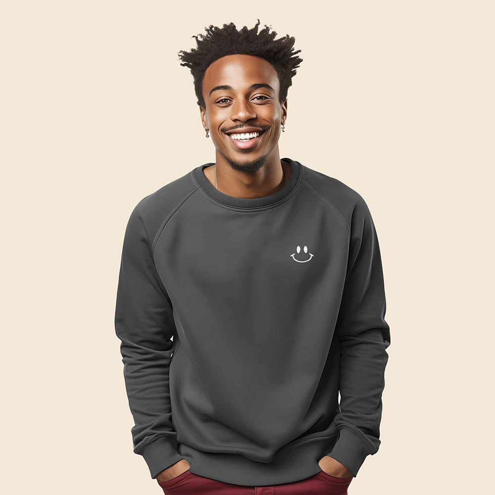 Dalix Smile Face Embroidered Fleece Crewneck Long Sleeve Sweatshirt Mens in Asphalt Gray 2XL XX-Large