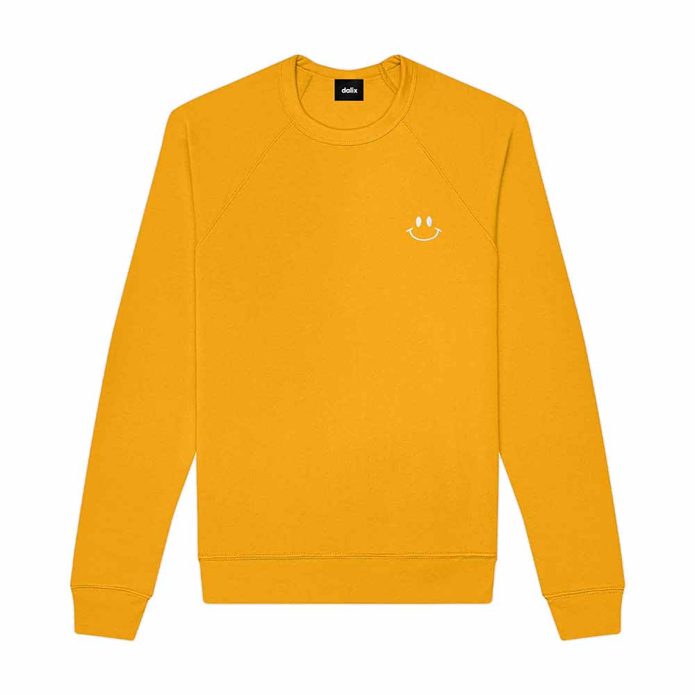 Dalix Smile Face Embroidered Fleece Crewneck Long Sleeve Sweatshirt Mens in Gold 2XL XX-Large