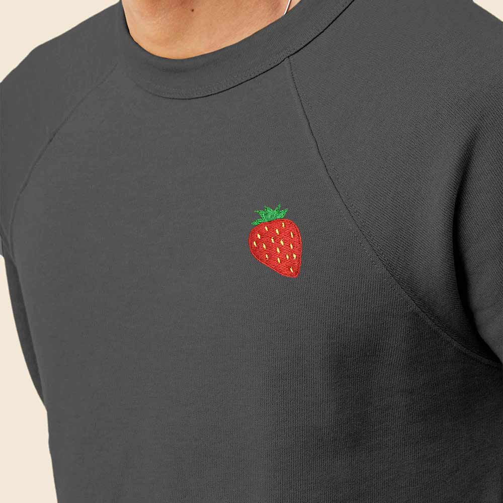 Dalix Strawberry Embroidered Fleece Crewneck Long Sleeve Sweatshirt Mens in Asphalt Gray 2XL XX-Large
