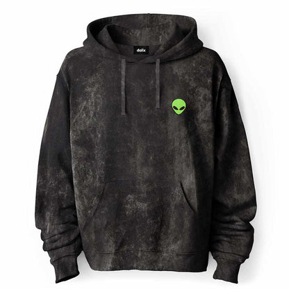 Dalix Alien Embroidered Fleece Hoodie Mineral Wash Long Sleeve Sweatshirt Mens in Black 2XL XX-Large
