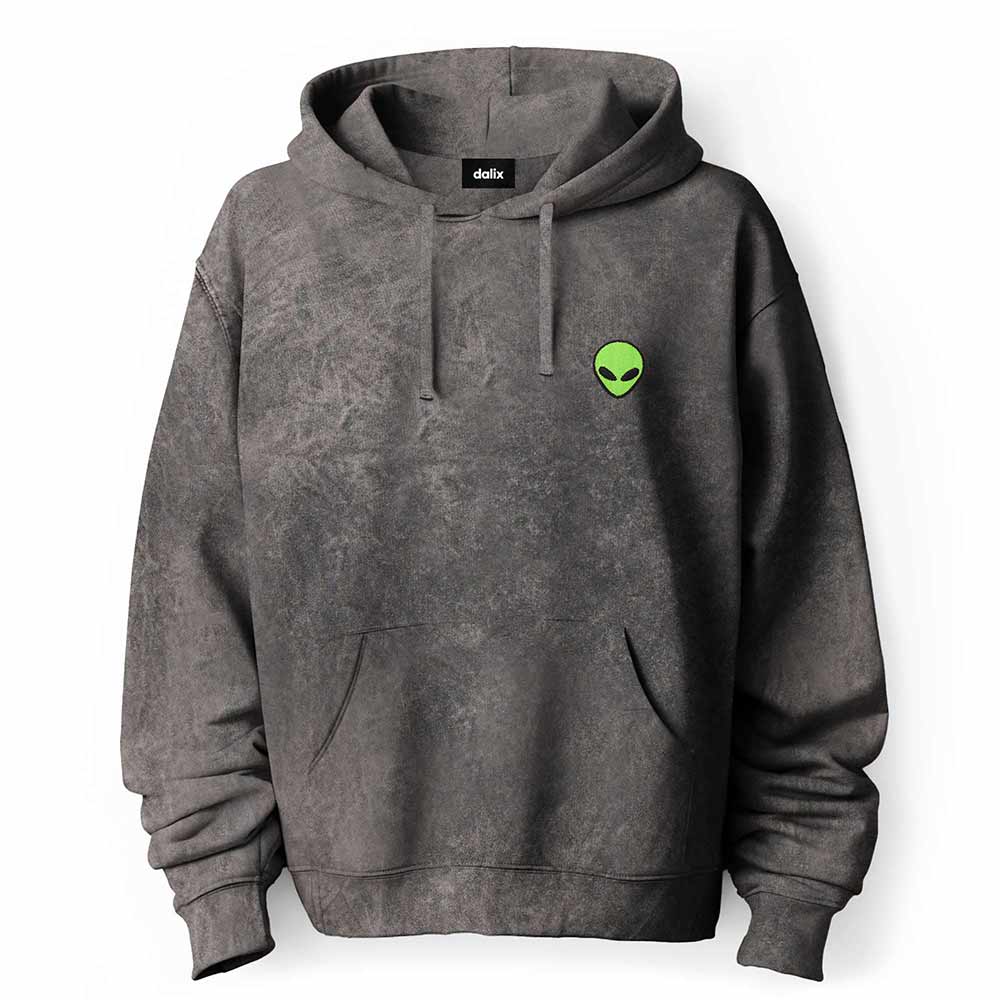 Dalix Alien Embroidered Fleece Hoodie Mineral Wash Long Sleeve Sweatshirt Mens in Gray 2XL XX-Large