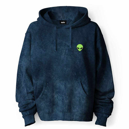 Dalix Alien Embroidered Fleece Hoodie Mineral Wash Long Sleeve Sweatshirt Mens in Navy Blue 2XL XX-Large
