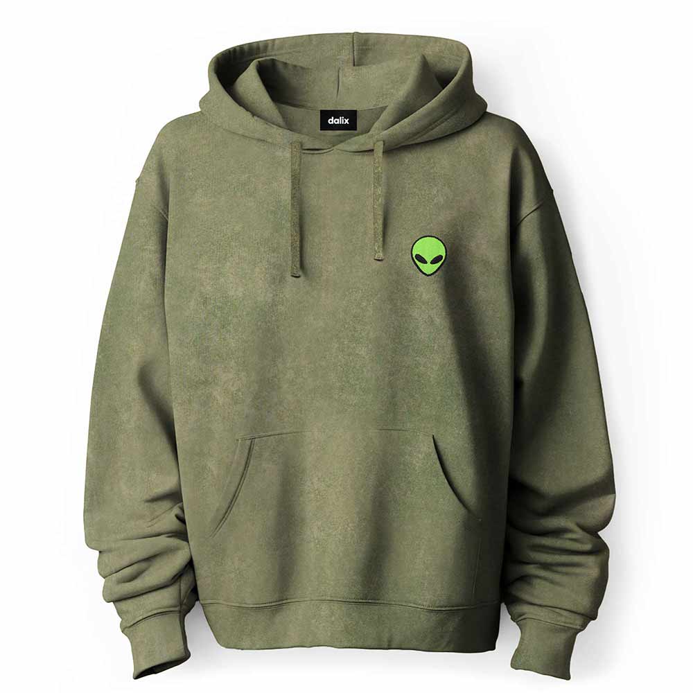 Dalix Alien Embroidered Fleece Hoodie Mineral Wash Long Sleeve Sweatshirt Mens in Olive 2XL XX-Large
