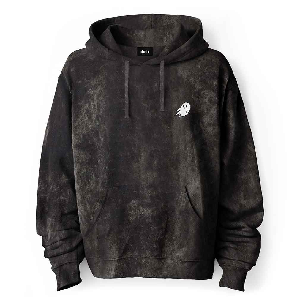 Dalix Ghost Embroidered Washed Hooded Sweatshirt Fleece Soft Cotton Mens in Black 2XL XX-Large
