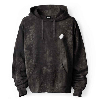 Dalix Ghost Embroidered Washed Hooded Sweatshirt Fleece Soft Cotton Mens in Black 2XL XX-Large