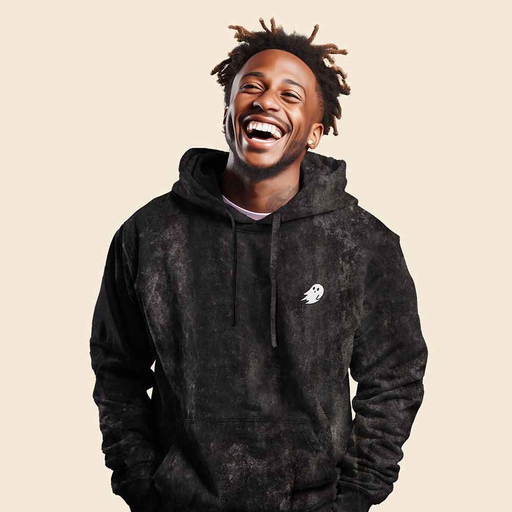 Dalix Ghost Embroidered Washed Hooded Sweatshirt Fleece Soft Cotton Mens in Black 2XL XX-Large