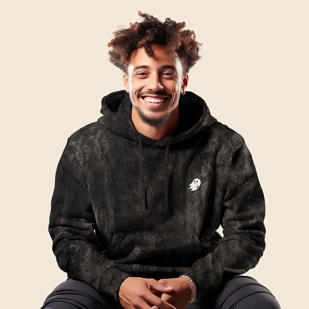 Dalix Ghost Embroidered Washed Hooded Sweatshirt Fleece Soft Cotton Mens in Black 2XL XX-Large