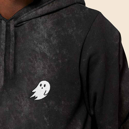 Dalix Ghost Embroidered Washed Hooded Sweatshirt Fleece Soft Cotton Mens in Black 2XL XX-Large