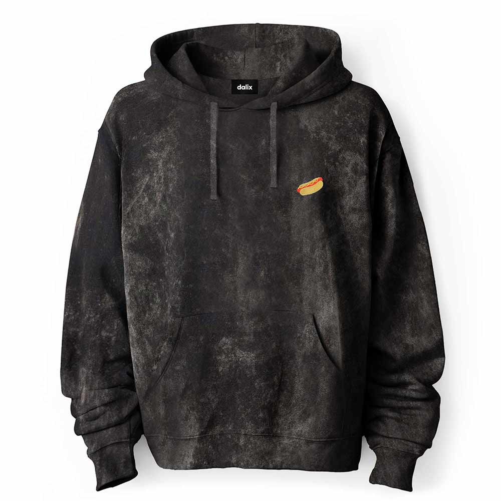 Dalix Hot Dog Embroidered Fleece Hoodie Mineral Wash Long Sleeve Sweatshirt Mens in Black 2XL XX-Large
