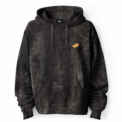 Dalix Hot Dog Embroidered Fleece Hoodie Mineral Wash Long Sleeve Sweatshirt Mens in Black 2XL XX-Large