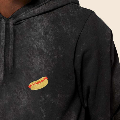 Dalix Hot Dog Embroidered Fleece Hoodie Mineral Wash Long Sleeve Sweatshirt Mens in Black 2XL XX-Large