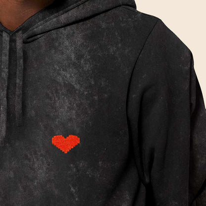 Dalix Pixel Heart Embroidered Fleece Hoodie Mineral Wash Long Sleeve Sweatshirt Mens in Black 2XL XX-Large