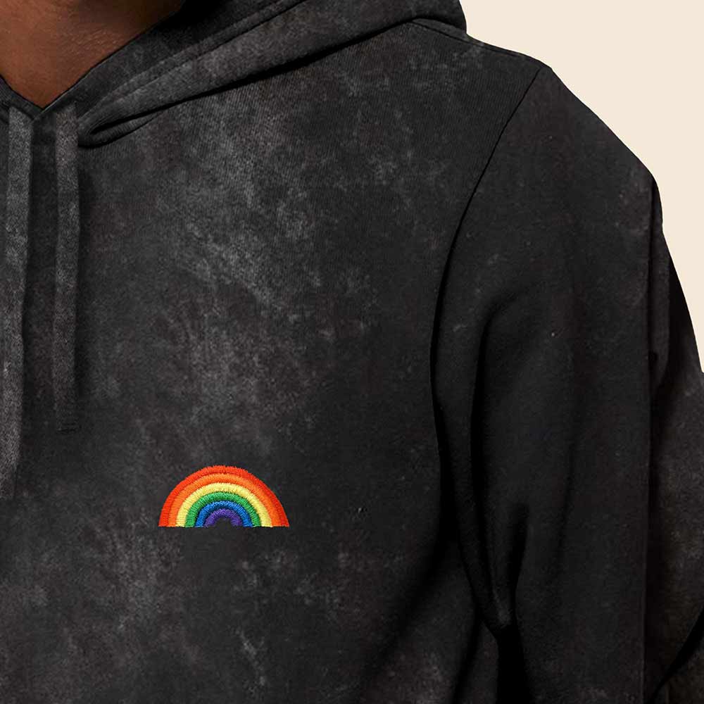 Dalix Rainbow Embroidered Fleece Hoodie Mineral Wash Long Sleeve Sweatshirt Mens in Black 2XL XX-Large