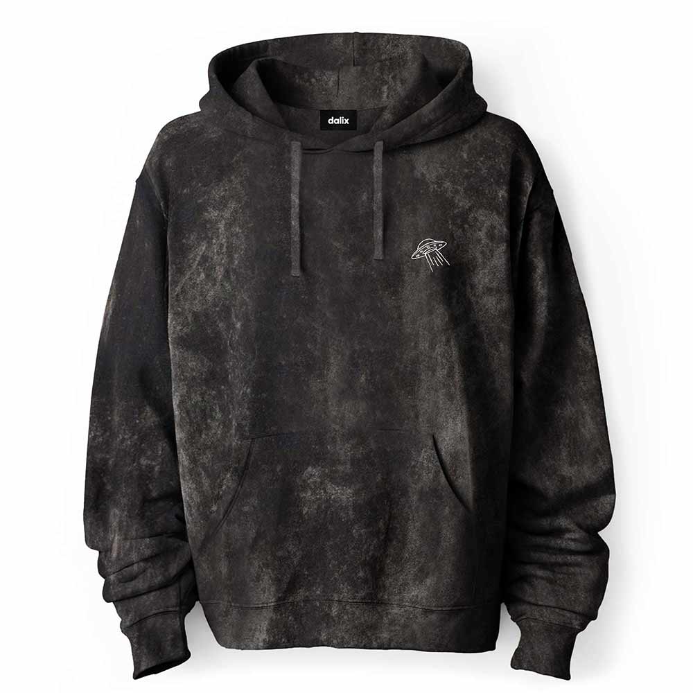 Dalix UFO Embroidered Fleece Hoodie Mineral Wash Long Sleeve Sweatshirt Mens in Black 2XL XX-Large