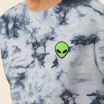 Dalix Alien Embroidered Fleece Tie Dye Wash Long Sleeve Crewneck Sweatshirt Mens in Tie Dye Black 2XL XX-Large