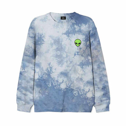 Dalix Alien Embroidered Fleece Tie Dye Wash Long Sleeve Crewneck Sweatshirt Mens in Tie Dye Blue 2XL XX-Large
