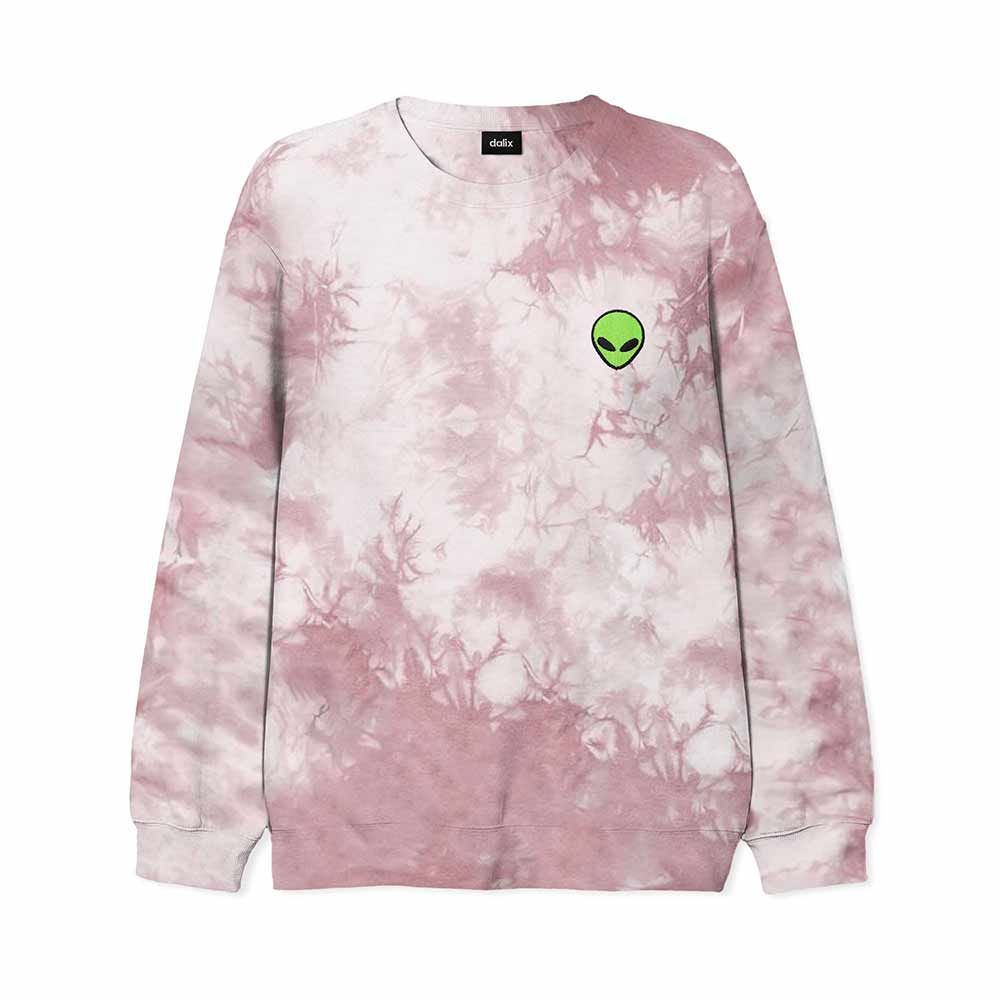 Dalix Alien Embroidered Fleece Tie Dye Wash Long Sleeve Crewneck Sweatshirt Mens in Tie Dye Pink 2XL XX-Large
