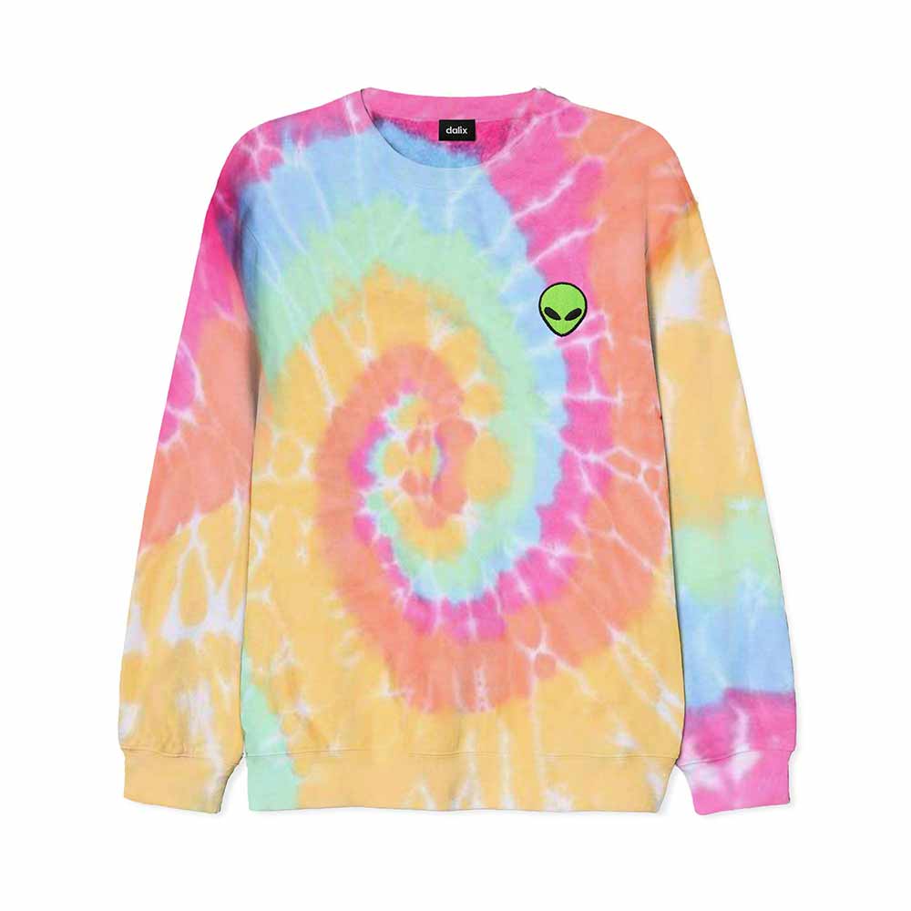 Dalix Alien Embroidered Fleece Tie Dye Wash Long Sleeve Crewneck Sweatshirt Mens in Tie Dye Rainbow 2XL XX-Large