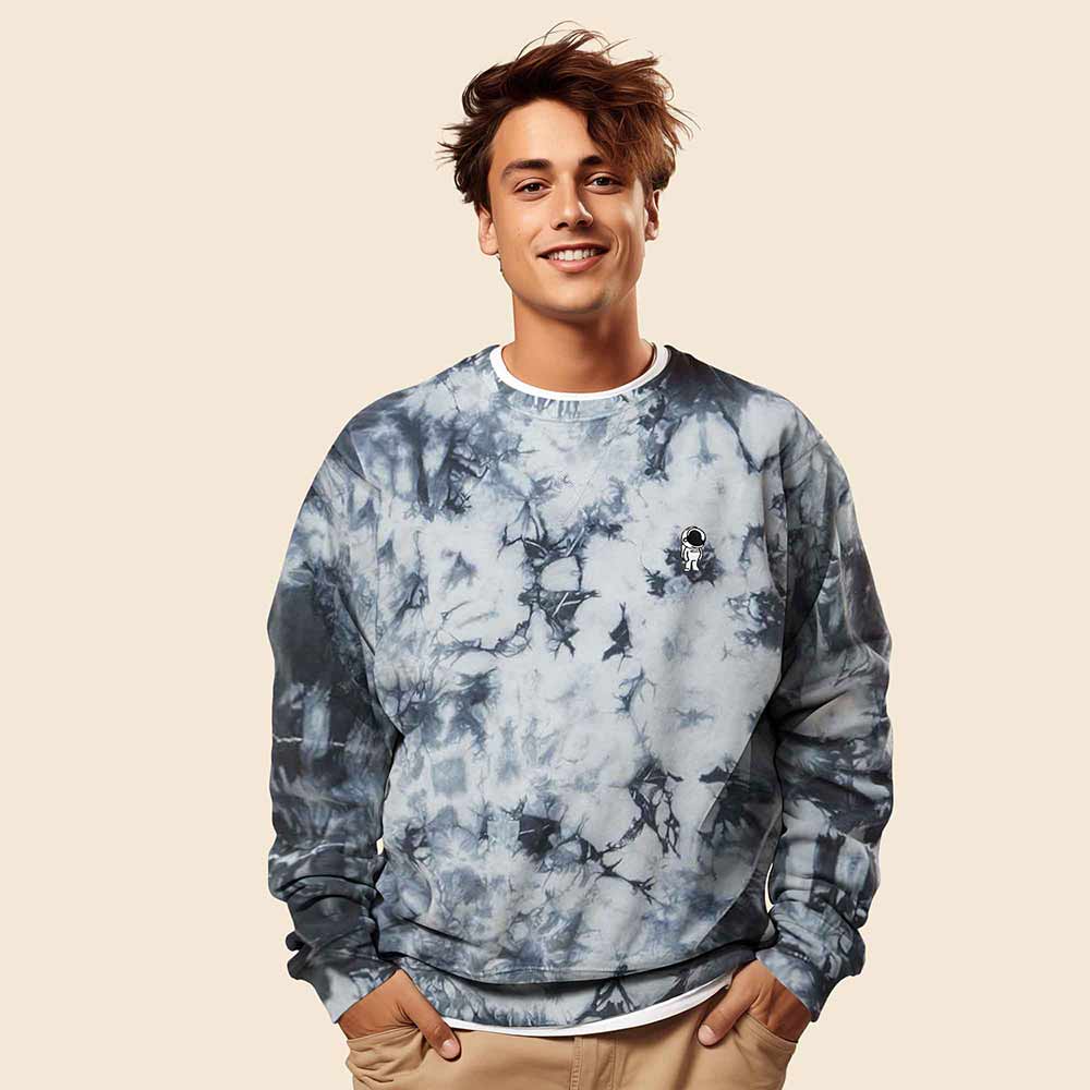 Dalix Astronaut Embroidered Fleece Tie Dye Wash Long Sleeve Crewneck Sweatshirt Mens in Tie Dye Black 2XL XX-Large