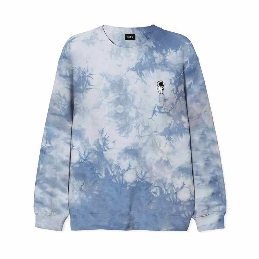 Dalix Astronaut Embroidered Fleece Tie Dye Wash Long Sleeve Crewneck Sweatshirt Mens in Tie Dye Blue 2XL XX-Large