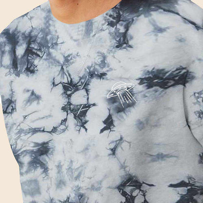 Dalix UFO Embroidered Fleece Tie Dye Wash Long Sleeve Crewneck Sweatshirt Mens in Tie Dye Black 2XL XX-Large